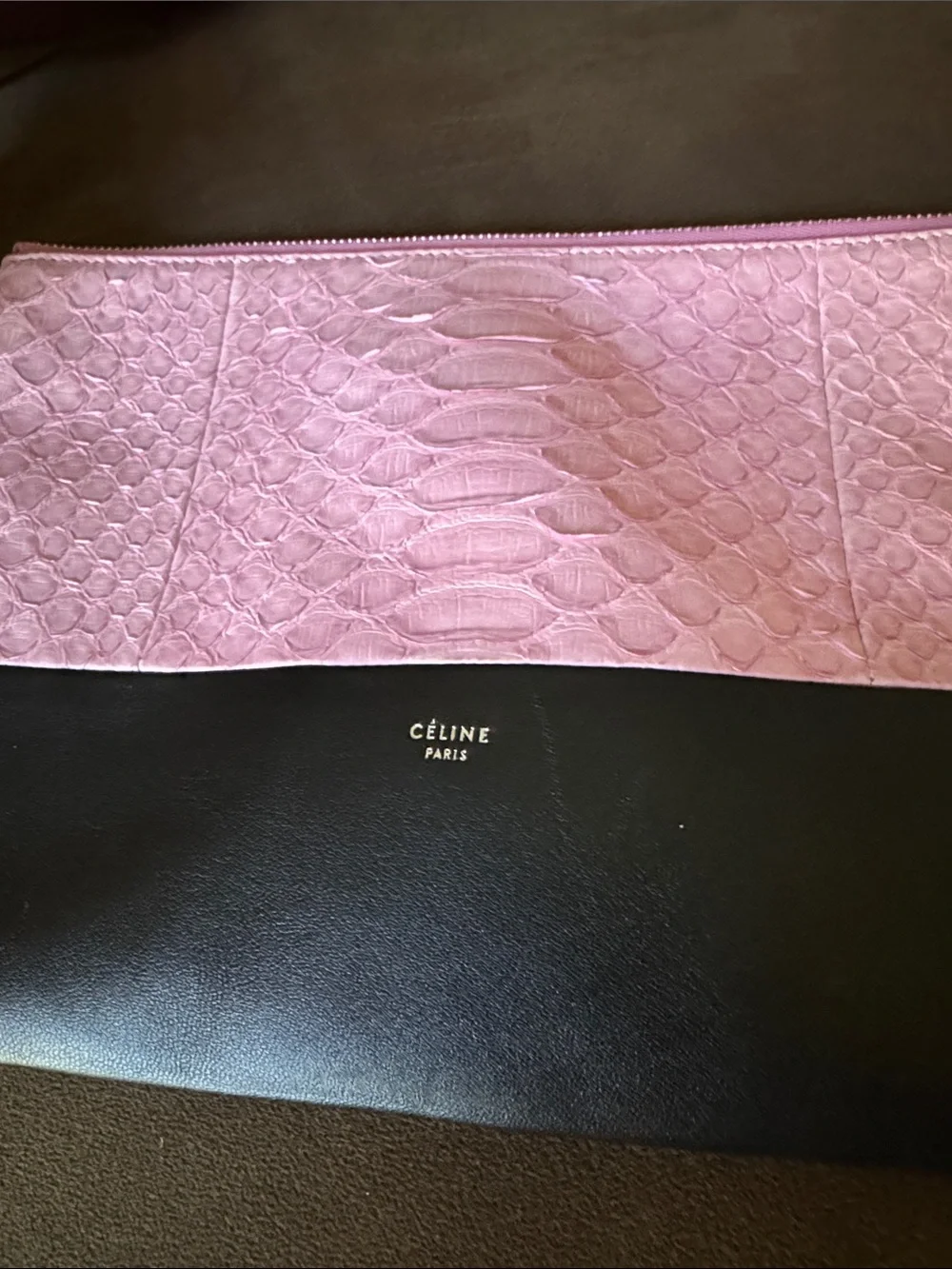 Celine Python Pink Embossed Leather & Black Leather Large Zip Clutch/Pouch - Picture 3 of 7